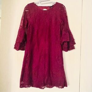 Trixxi Women’s Dress Lace 3/4 Flared Sleeve with Keyhole Purple Plum Size Small